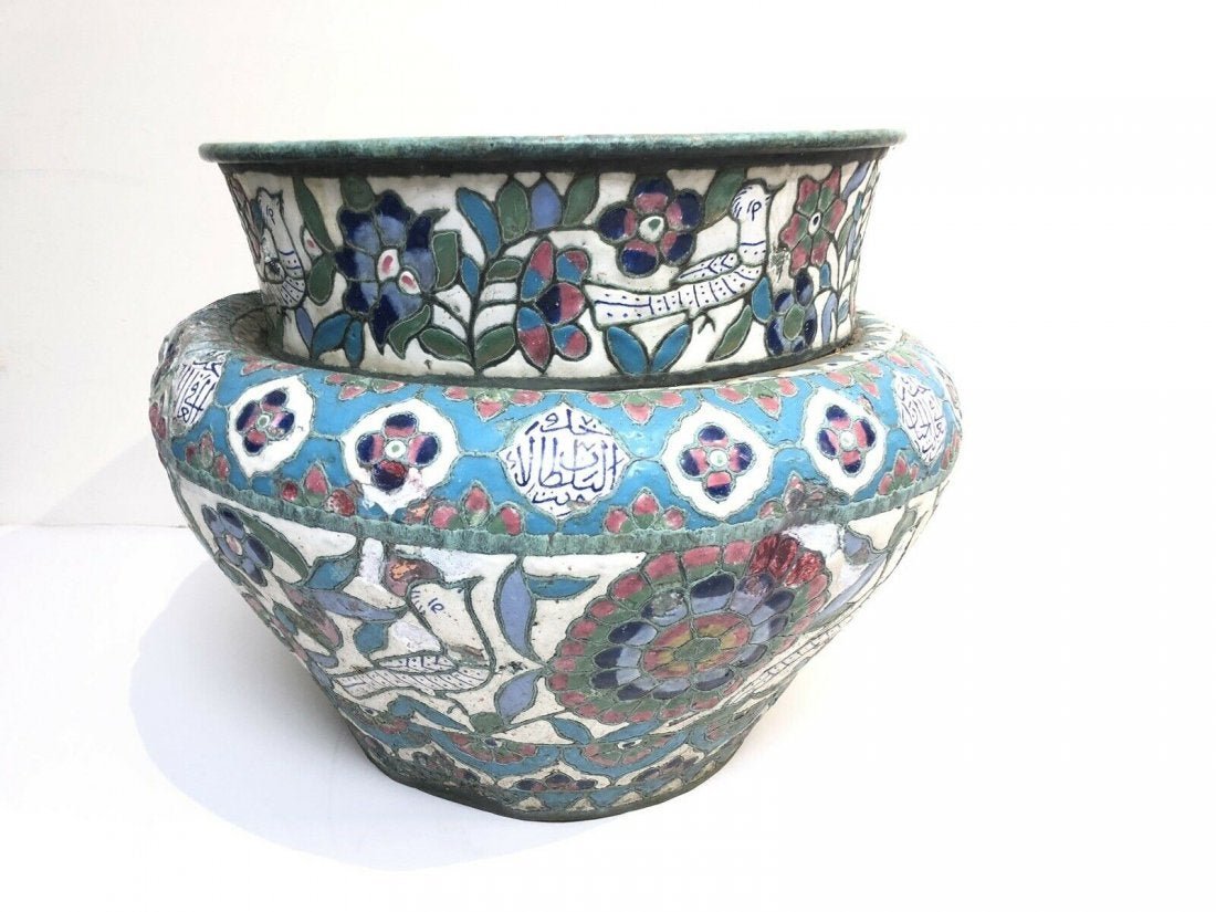 19th century Large Ottoman Syrian Enamel Bowl: 19th century Large Ottoman Syrian Enamel Bowl. Size 19 1/2 inches diameter x 15 1/2 inches high. A massive over sized Copper bowl with enamel decorated with Flowers and Birds with Arabic calligraphy. 