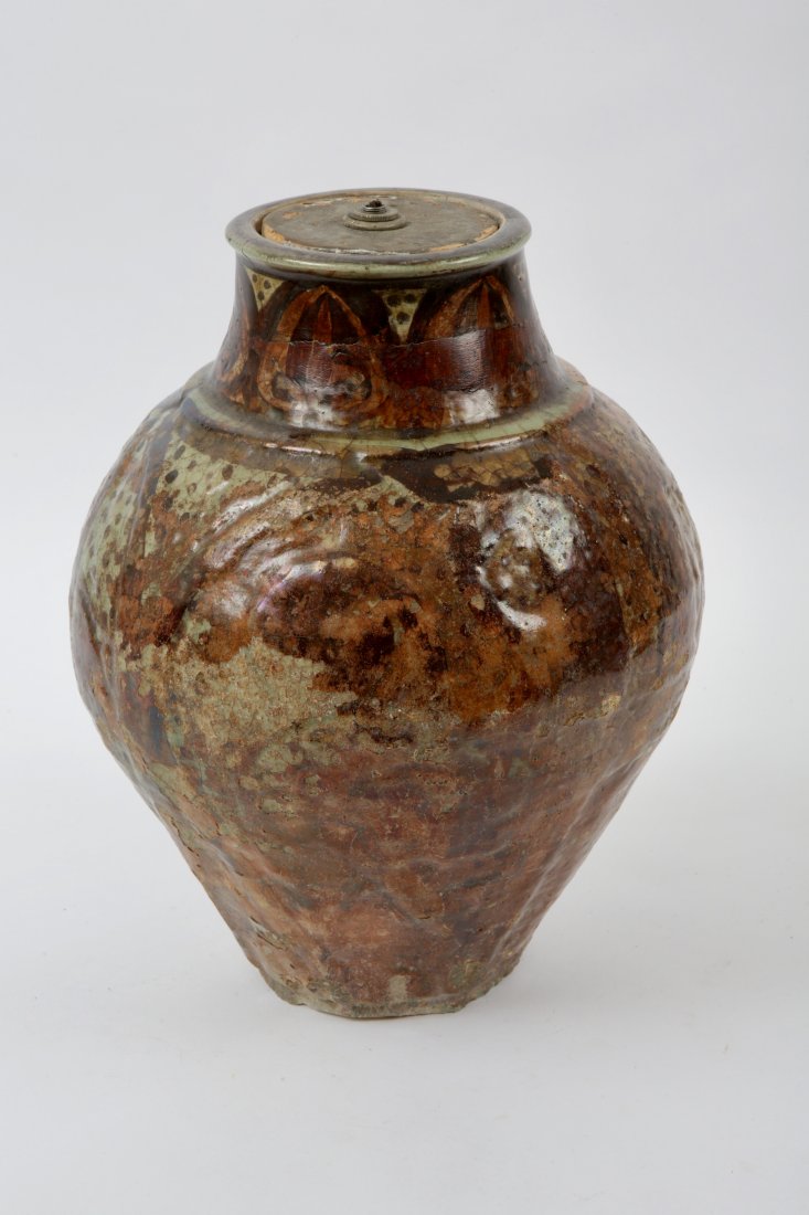 13th cent Islamic Persian Luster ware Ceramic Vase.: 13th cent Islamic Persian Luster ware Ceramic Vase. Size 13 1/4 inches high. beautiful luster ware glazed ceramic vase decorated with design. The vase was converted into a lamp. the inside filled with