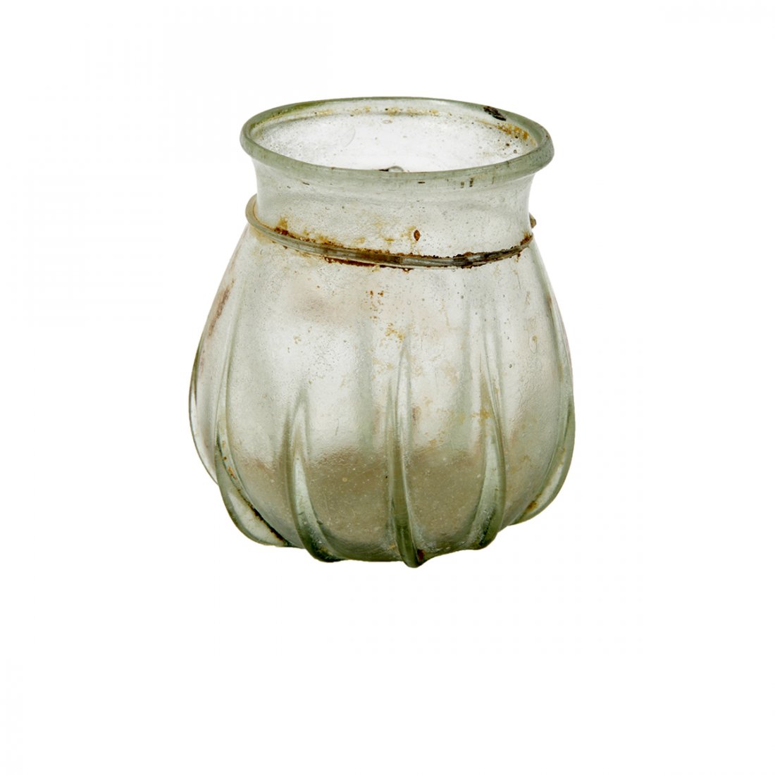 Ancient Roman Glass Cup Ex Corning Museum Of Glass: Ancient Roman Glass Cup Ex Corning Museum Of Glass c.1st-2nd century AD. Size 3 inches high x 2 1/4 inches wide. Fine Ancient Roman green glass wine cup with unusual ribbed boddy and a glass ring on s