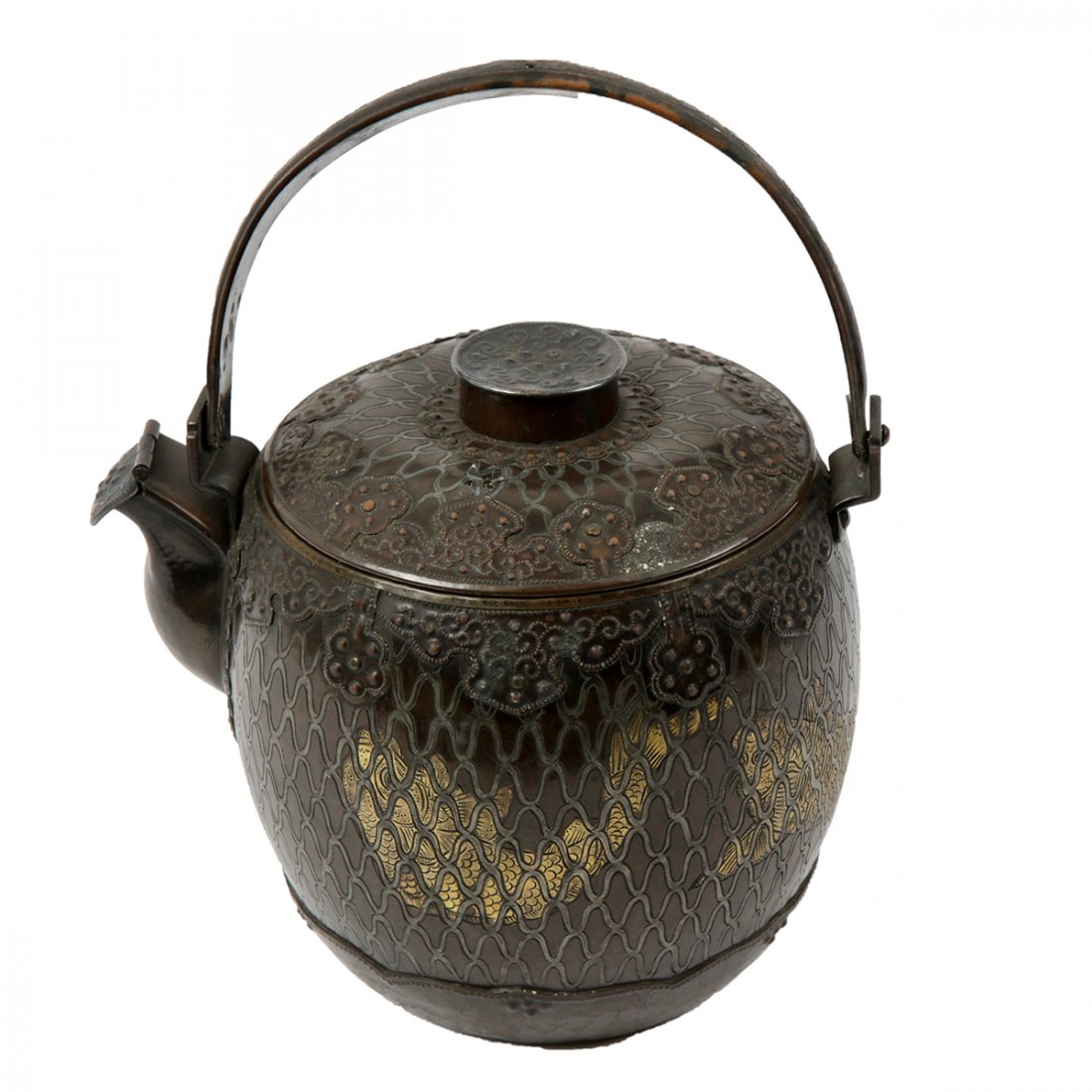 Japan, bronze Cloisonne Hot Water Container Dochin Oto: Japan, bronze Cloisonne Hot Water Container. Dochin Oto Fukushima c.1795. Signed. Size 8 1/2 inches length. 7 1/4 inches high. Ex Jack P Minor.