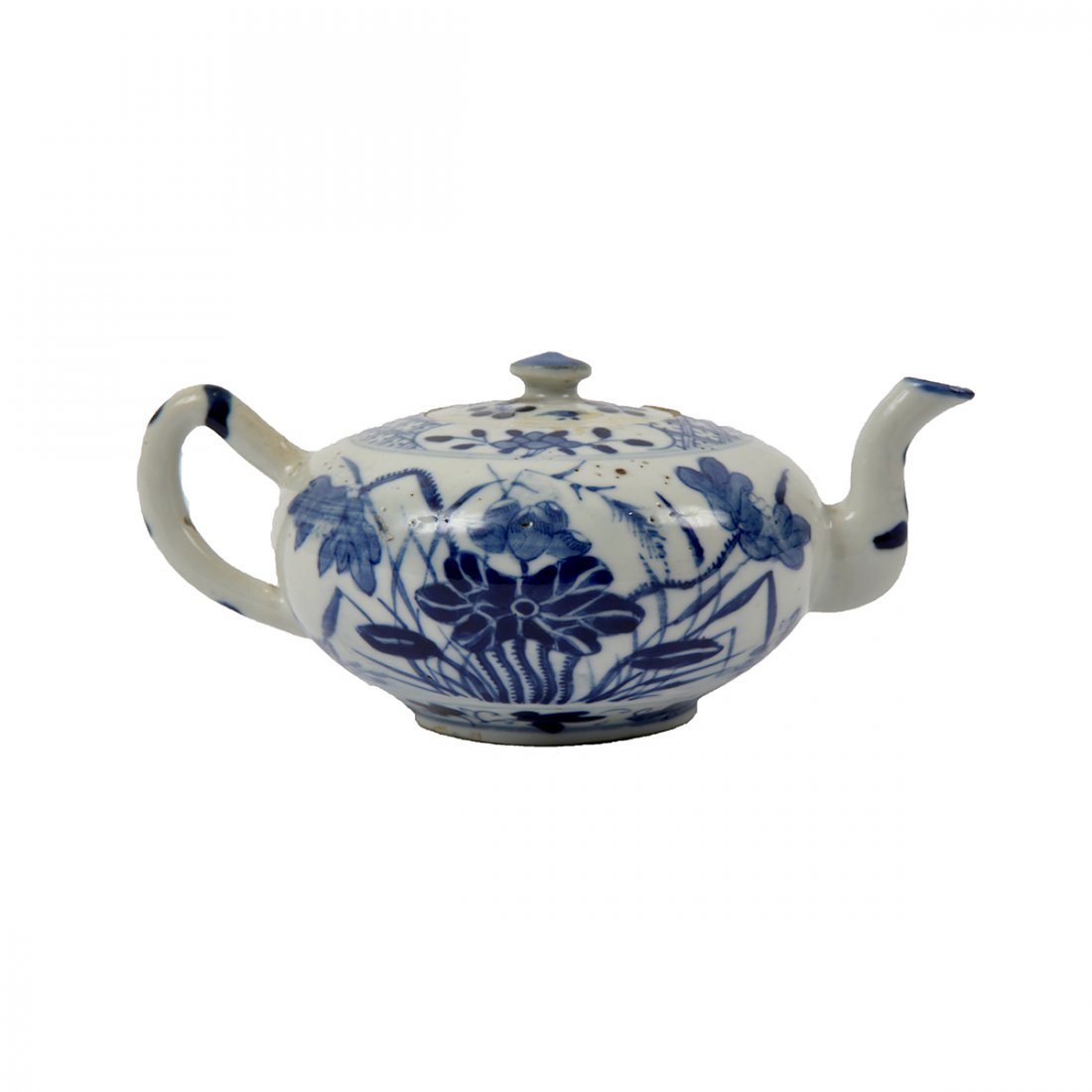 Ching Dynasty Bluetea Pot Young Chenc Period 1723-1735: Ching Dynasty Bluetea Pot Young Chenc Period 1723-1735 AD. White and blue porcelain. Size 6 1/8 inches length. 2 5/8 inches high. Ex Jack P Minor.