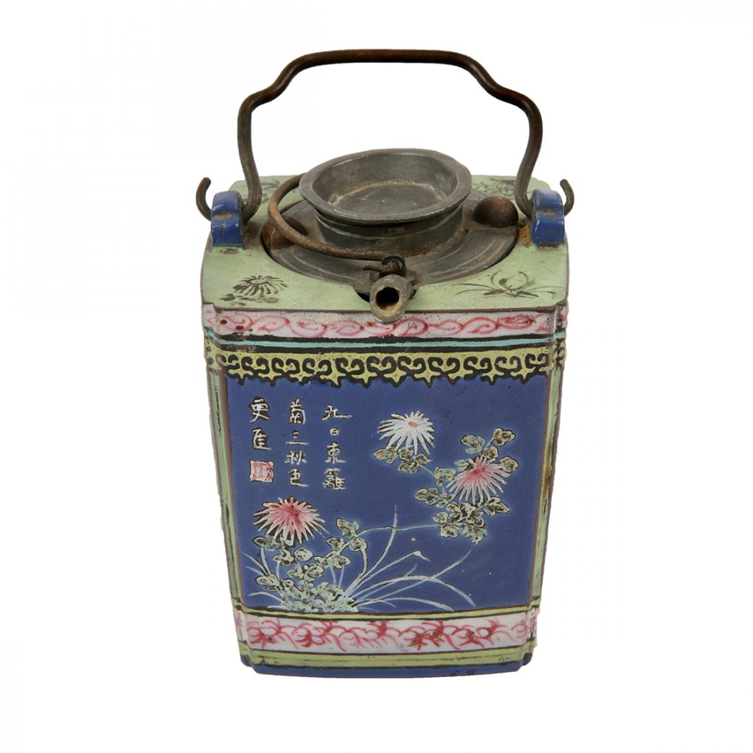Chinese Sake Pot of Very Old Pewter set in square: Chinese Sake Pot of Very Old Pewter set in square Porcelain Container. Pewter handle Hight 6 inches with handle x 3 1/4 inches wide. The Container signed with seal; landscapes in blue-green on two sid