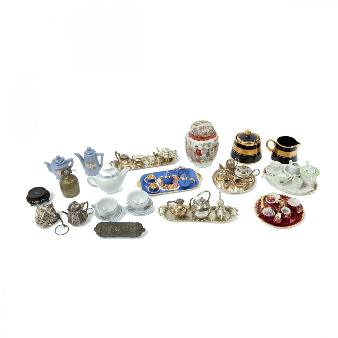 Lot of 18 Misc Miniature Porcelain and metal tea Sets: Lot of 18 Miniature Porcelain and metal tea Sets etc....Size 5 1/2 - 1 1/2. inches. Ex Jake P Miner