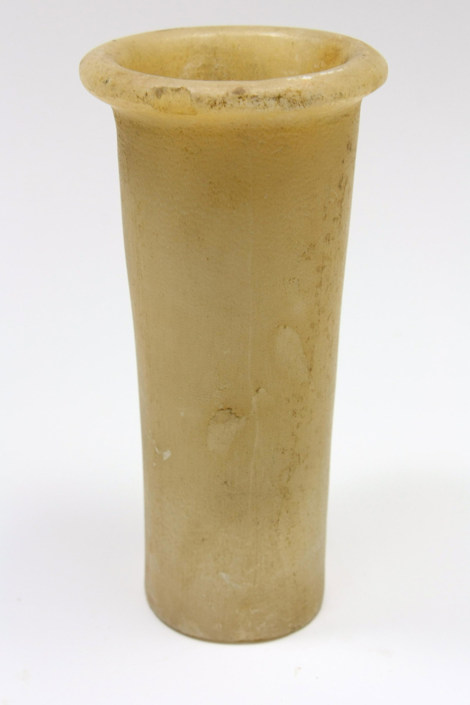 Ancient Egyptian Pre-Dynastic Alabaster Vessel c.3000: Ancient Egyptian Pre-Dynastic Alabaster Vessel c.3000 BC. Size 5 7/8 inches high. (14.9 cm) Rare High quality Ancient Egyptian Pre-Dynastic cylindrical alabaster vessel with a rolled rim and flat bott