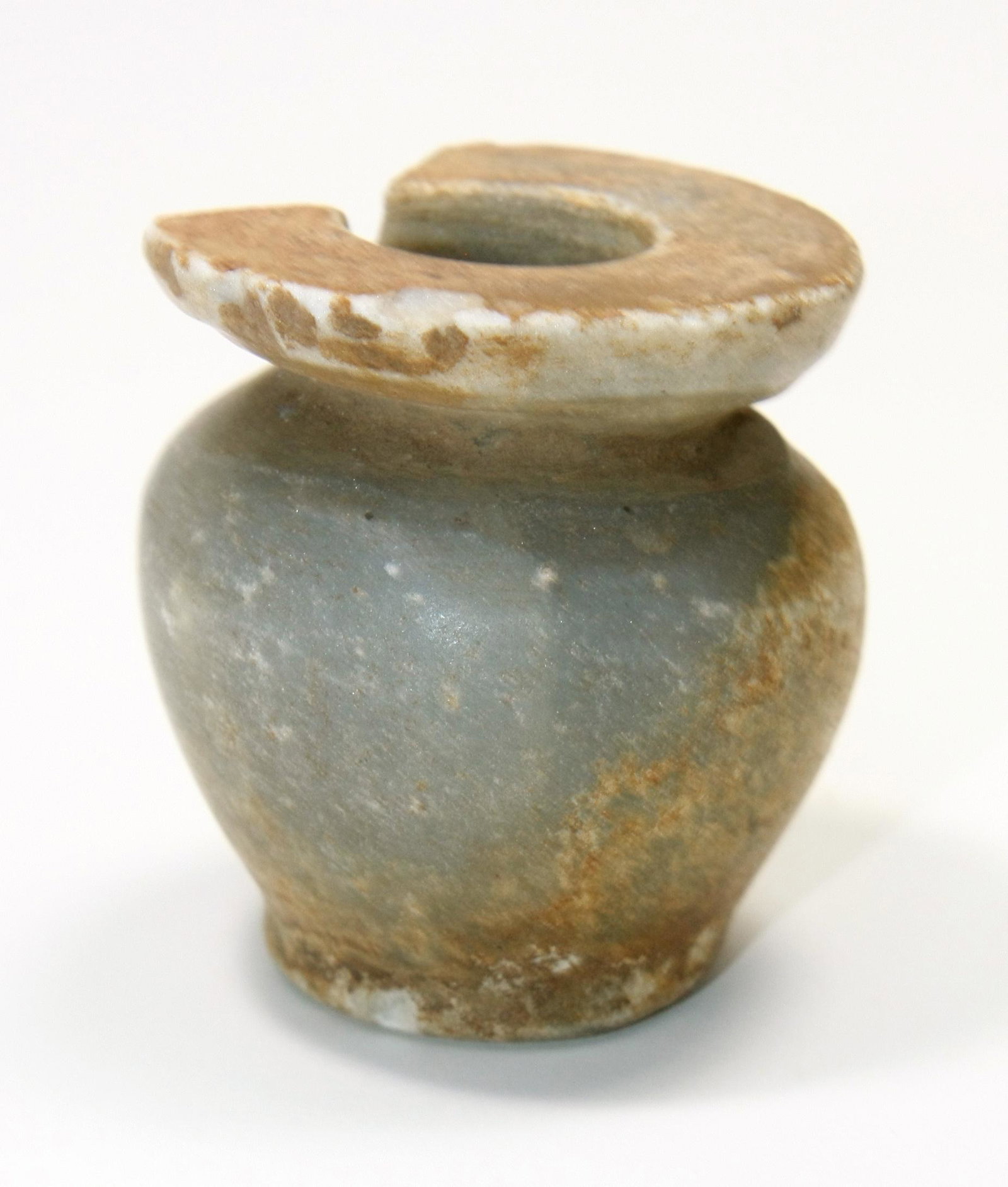 Ancient Egyptian Anhydrite Kohl Vessel Old Kingdom: Ancient Egyptian Anhydrite Kohl Vessel Old Kingdom Middle Kingdom c.1938-1700 BC. Size 1 5/8 inches high. (4.12 cm) Rare Ancient Egyptian Anhydrite Kohl vessel. Private NYC collection, brought to USA 
