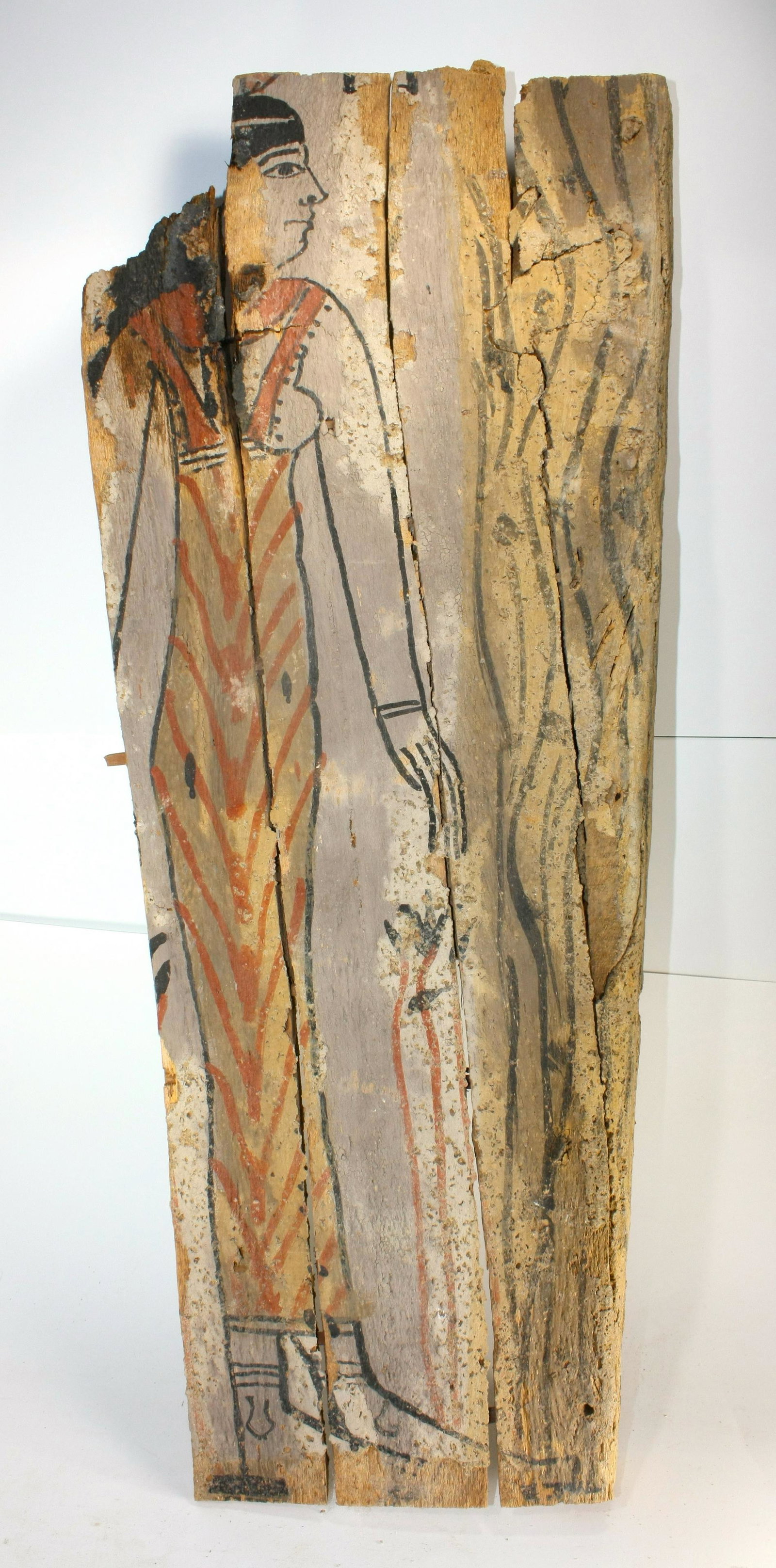 Ancient Egyptian sarcophagus panel With Isis Late: Ancient Egyptian sarcophagus panel With Isis Late period, c. 664-332 BC. Size 28 3/8 inches length x 11 1/2 inches wide. (72 x 29.2 cm) Ancient Egyptian Sarcophaqus wood panel, painted over gesso deco