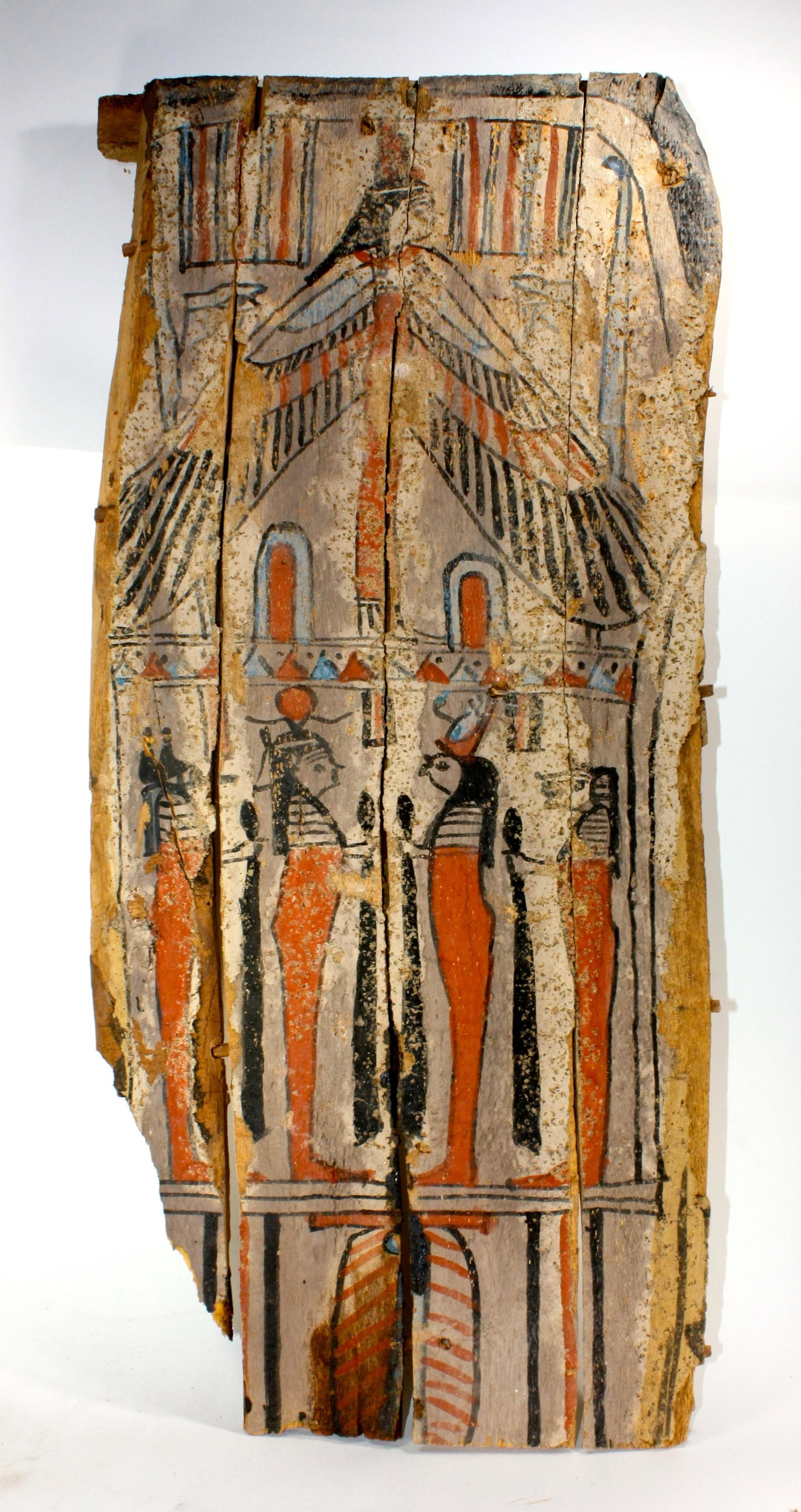 Ancient Egyptian sarcophagus panel With Isis Late: Ancient Egyptian sarcophagus panel With Isis Late period, c. 664-332 BC. Size 28 1/2 inches length x 13 inches wide. (72.4 x 33 cm) Ancient Egyptian Sarcophaqus wood panel, beautifuly painted over ges