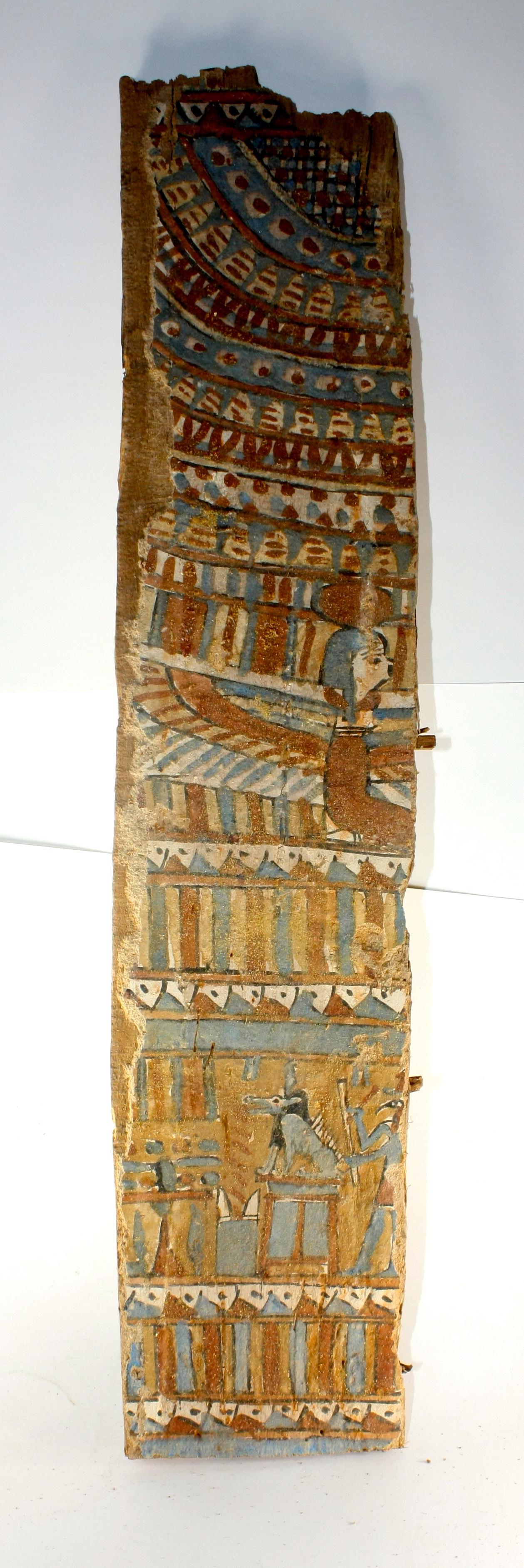 Ancient Egyptian sarcophagus panel Late period, c.: Ancient Egyptian sarcophagus panel Late period, c. 664-332 BC. Size 25 1/4 inches length x 5 1/4 inches wide. (64.1 x 13.3 cm) Ancient Egyptian Sarcophaqus wood panel, beautifuly painted over gesso de