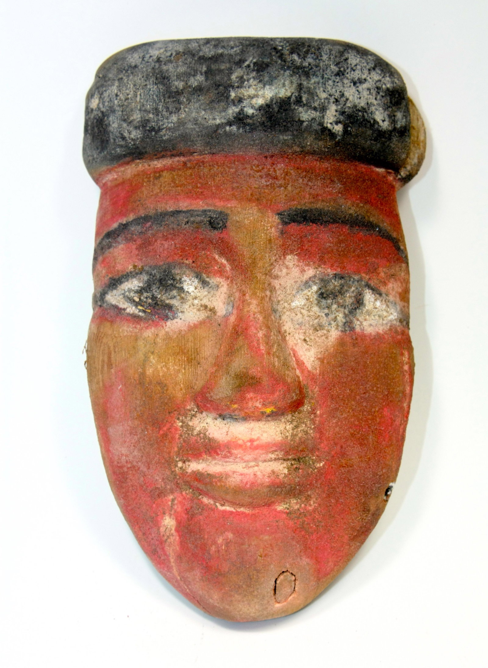 Ancient Egyptian Mummy Wood Mask c.664-332 BC.: Ancient Egyptian Mummy Wood Mask c.664-332 BC. Size 8 inches high x 5 inches wide. (20.3 x 12.7 cm) Fine Ancient Egyptian Mummy Wood Mask painted in red, white and black over gesso. Condition: wear an