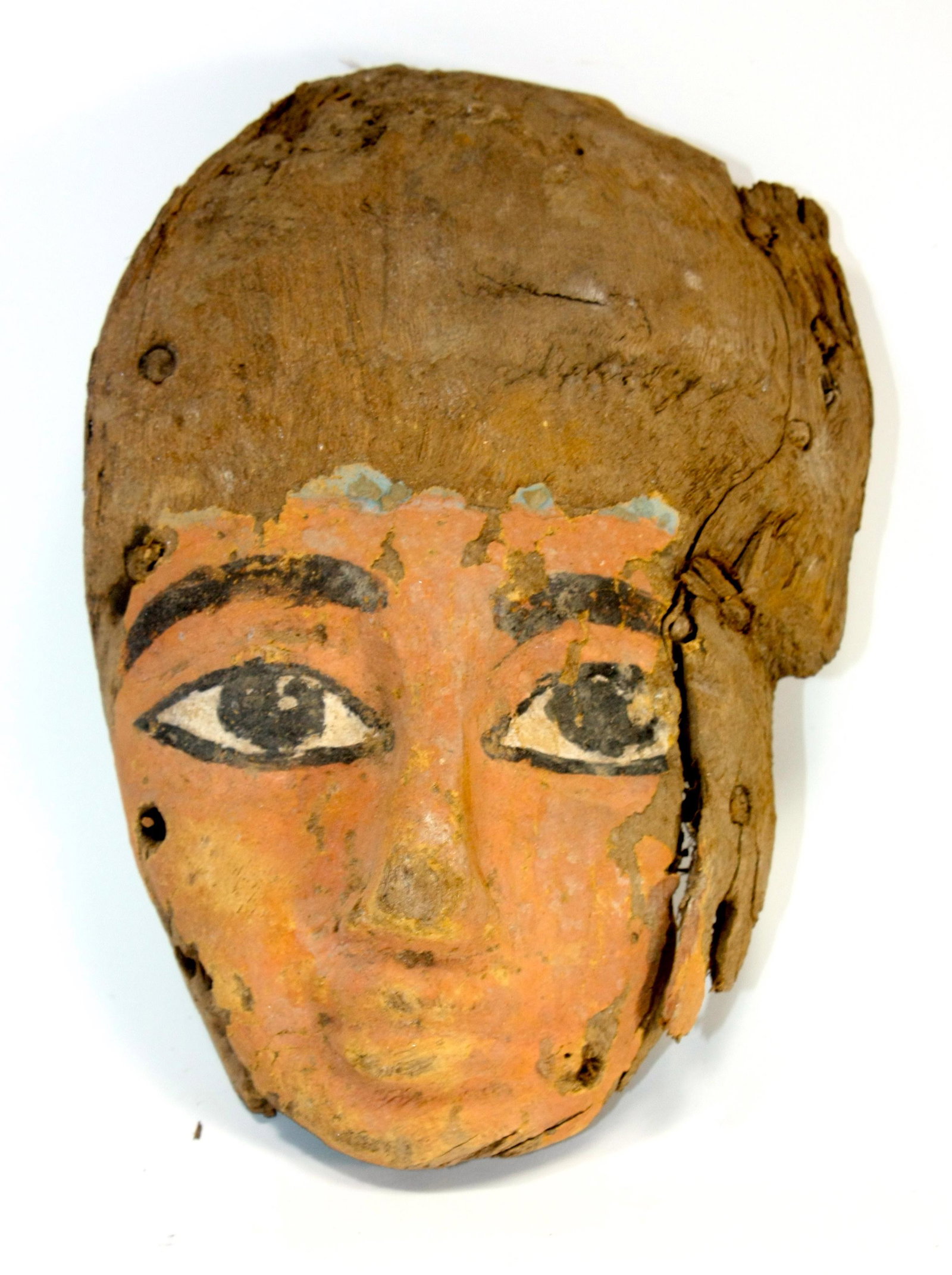 Ancient Egyptian Mummy Wood Mask c.664-332 BC.: Ancient Egyptian Mummy Wood Mask c.664-332 BC. Size 7 3/4 inches high x 5 1/4 inches wide. (19.6 x 13.3 cm) Fine Ancient Egyptian Mummy Wood Mask painted over gesso. Condition: wear and losses otherwi