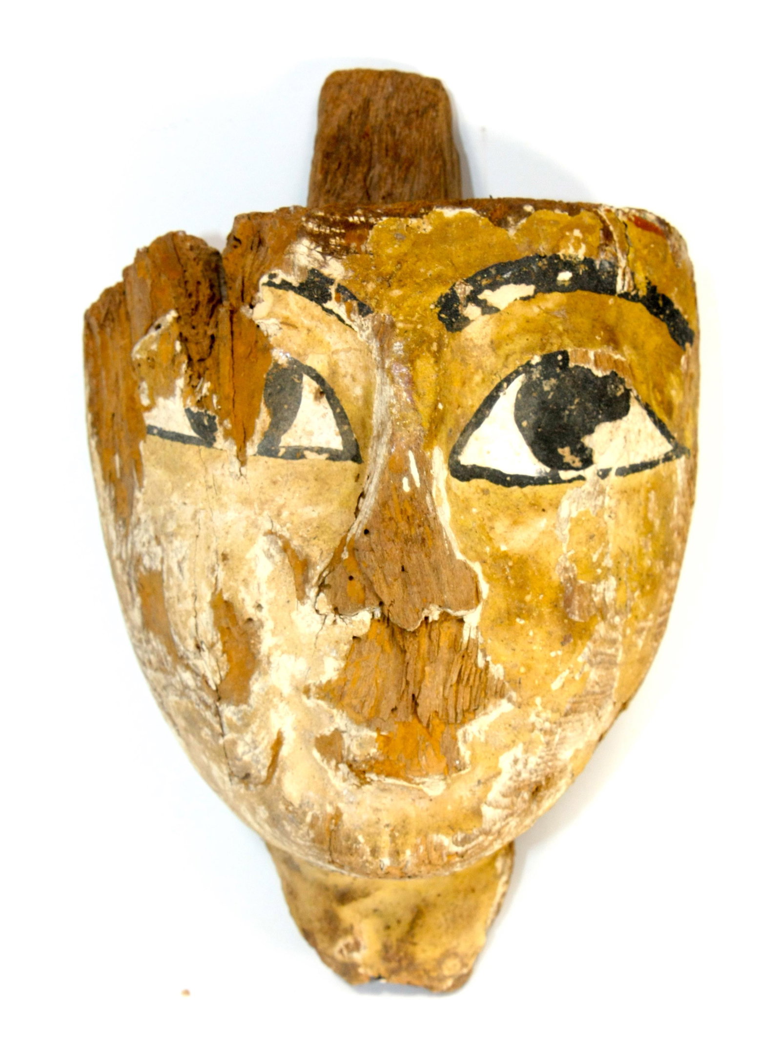 Ancient Egyptian Mummy Wood Mask c.664-332 BC.: Ancient Egyptian Mummy Wood Mask c.664-332 BC. Size 7 1/2 inches high x 4 7/8 inches wide. (19 x 12.3 cm) Fine Ancient Egyptian Mummy Wood Mask painted over gesso. Condition: wear and losses otherwise