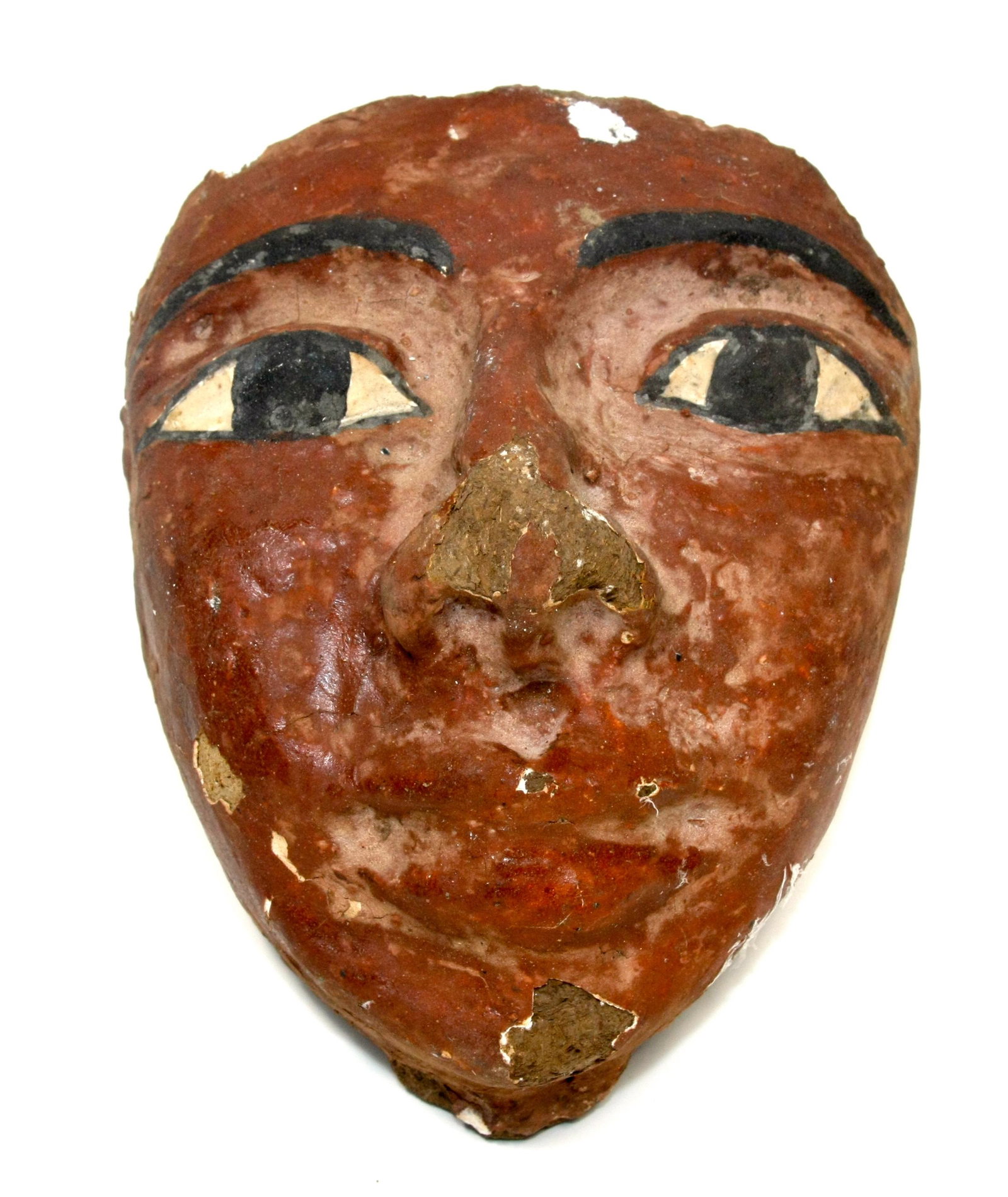 Ancient Egyptian Mummy Mud Mask c.664-332 BC.: Ancient Egyptian Mummy Mud Mask c.664-332 BC. Size 6 1/4 inches high x 5 inches wide. (15.8 x 12.7 cm) Fine Ancient Egyptian Mummy Mud Mask painted in red white and black over gesso. Rare example. Con