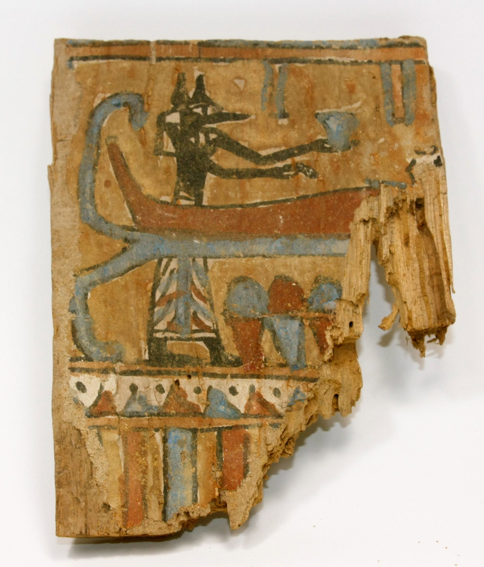 Ancient Egyptian Wood Panel with Anubis c.664-332 BC.: Ancient Egyptian Wood Panel with Anubis c.664-332 BC. Size 6 5/8 inches Length x 5 1/4 inches high. (16.8 x 13.3 cm) Fine Ancient Egyptian Wood Panel painted over gesso with Anubis facing right attend