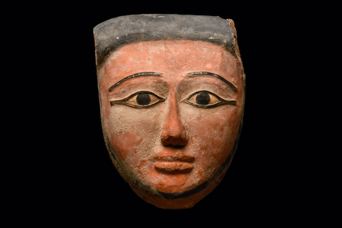 Ancient Egyptian Mummy Mask With Bronze Eyes: Ancient Egyptian Mummy Mask with Bronze Eyes Late Period, ca. 700-30 B.C. Size 10 3/4 x 8 inches (27.3 x 20.32 cm) Large sarcophagus hardwood mummy mask, wearing a black painted headdress with a chin 