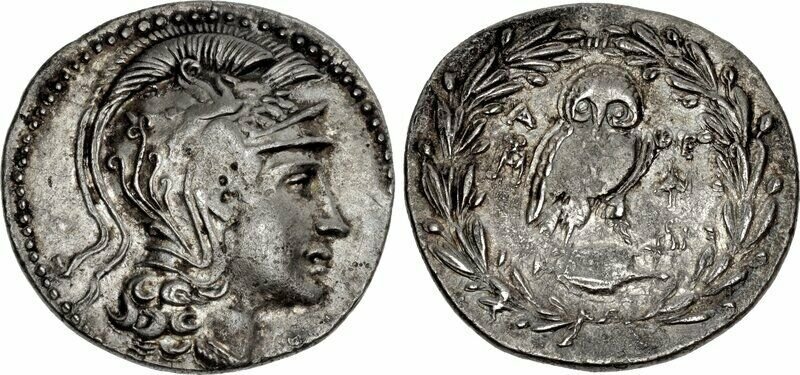 Ancient Greek ATTICA, Athens. C. 165-42 BC. Tetradrachm: Ancient Greek ATTICA, Athens. Circa 165-42 BC. AR (silver) Tetradrachm (33mm, 16.58 g, 1h). New Style coinage. Struck 165-150/49 BC. Helmeted head of Athena Parthenos right / Owl standing right, head 