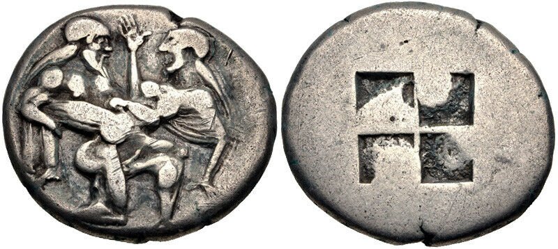 Ancient ISLANDS off THRACE, Thasos. Circa 480-463 BC.: Ancient ISLANDS off THRACE, Thasos. Circa 480-463 BC. AR Stater (22mm, 8.61 g). Ithyphallic satyr advancing right, carrying off protesting nymph / Quadripartite incuse square. Le Rider, Thasiennes 5; 