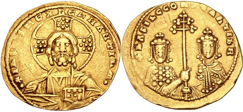 Ancient Byzantine Basil II Bulgaroktonos, Coin, Christ: Ancient Basil II Bulgaroktonos, Coin, Christ. Basil II with Constantine VIII. 976-1025. AV (gold) Histamenon Nomisma (23mm, 4.0 g, 6h). Constantinople mint. Struck 1001-1005. Bust of Christ Pantokrato