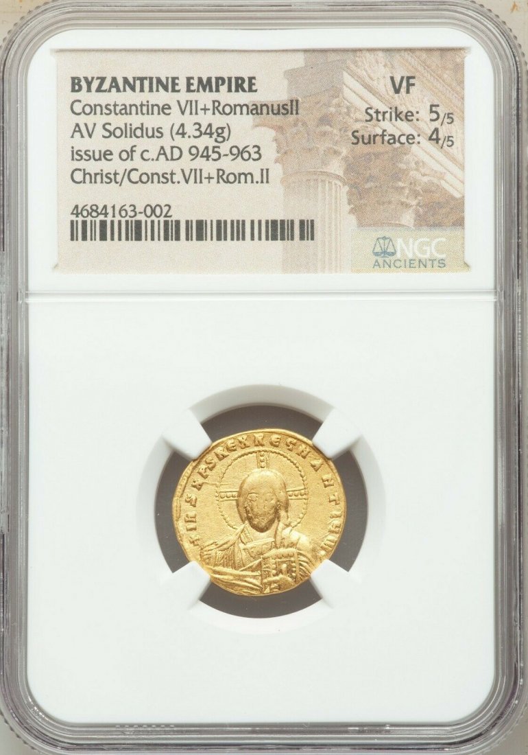 Ancient Byzantine Constantine Porphyrogenitus Christ: Ancient Byzantine Constantine VII Porphyrogenitus and Romanus II (AD 945-963). AV (gold) solidus (19mm, 4.34 gm, 6h). NGC VF 5/5 - 4/5. Constantinople, AD 950-955. + IhS XPS RЄX RЄΣNA