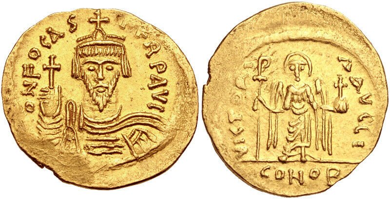 Ancient Byzantine Phocas. 602-610. AV (gold) Solidus: Ancient Byzantine Phocas. 602-610. AV (gold) Solidus (21mm, 4.45 g, 7h). Constantinople mint, 10th officina. Struck 603-607. Crowned and draped bust facing, holding globus cruciger / Angel standing fa