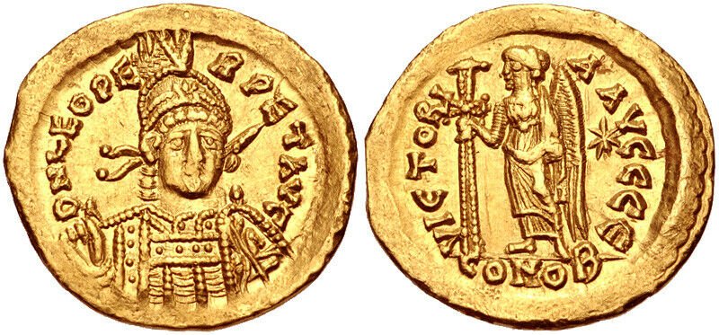 Ancient Roman Leo I. AD 457-474. AV (gold) Solidus: Ancient Roman Leo I. AD 457-474. AV (gold) Solidus (20mm, 4.48 g, 6h). Constantinople mint, 5th officina. Struck AD 471 or 473. Pearl-diademed, helmeted, and cuirassed bust facing slightly right, hold