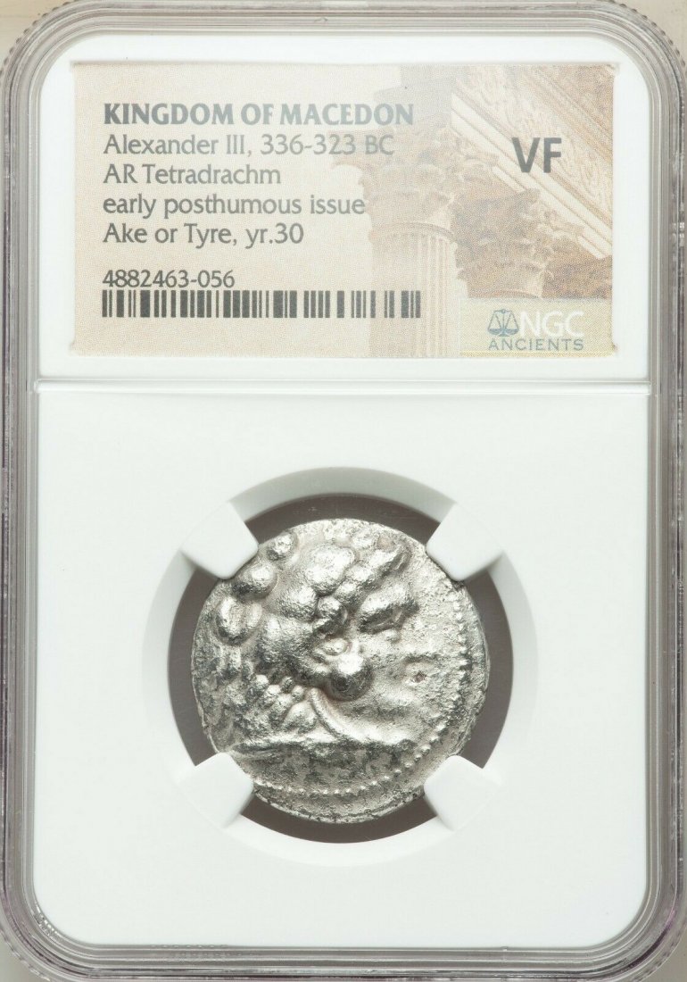 Ancient Greek MACEDONIAN KINGDOM. Alexander the Great: Ancient Greek MACEDONIAN KINGDOM. Alexander III the Great (336-323 BC). AR (silver) tetradrachm (26mm, 6h). NGC VF. Posthumous issue of Ake or Tyre, dated Regnal Year 30 of Azemilkos (320/19 BC). Head