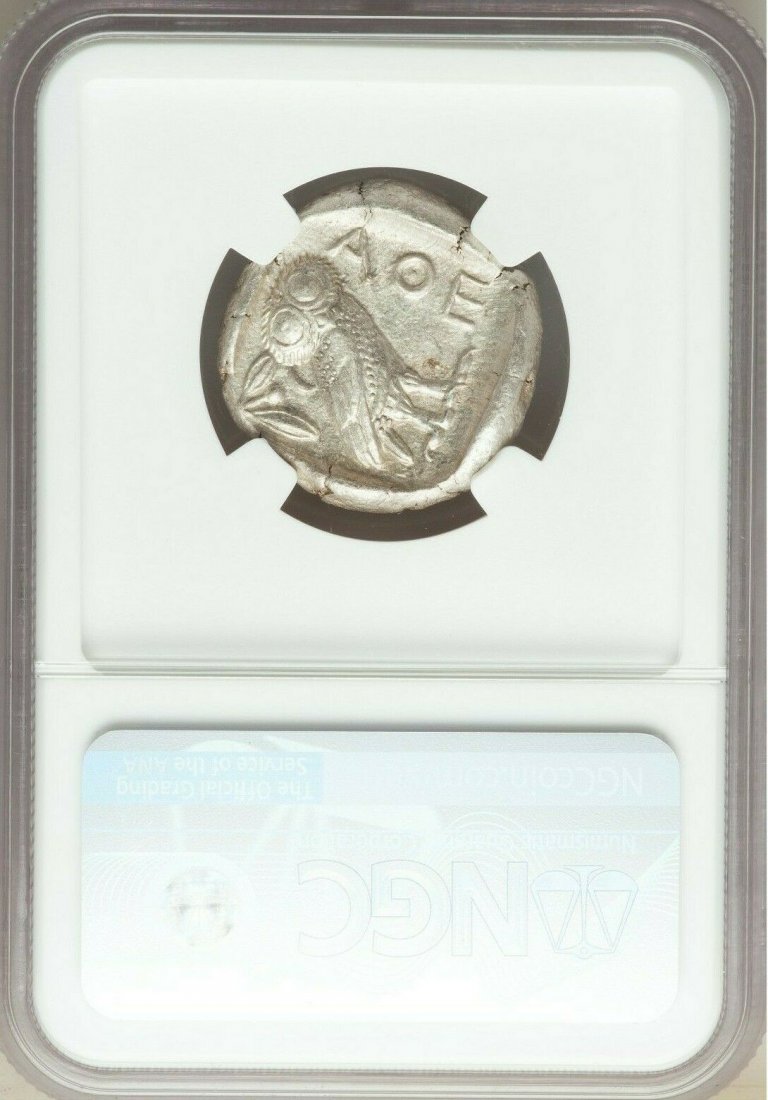 Ancient Greek ATTICA. Athens. C.440-404 BC. Tetradrachm: Ancient Greek ATTICA. Athens. Ca. 440-404 BC. AR (silver) tetradrachm (25mm, 17.33 gm, 3h). NGC Choice XF 5/5 - 3/5. Head of Athena right, wearing crested Attic helmet ornamented with three laurel lea