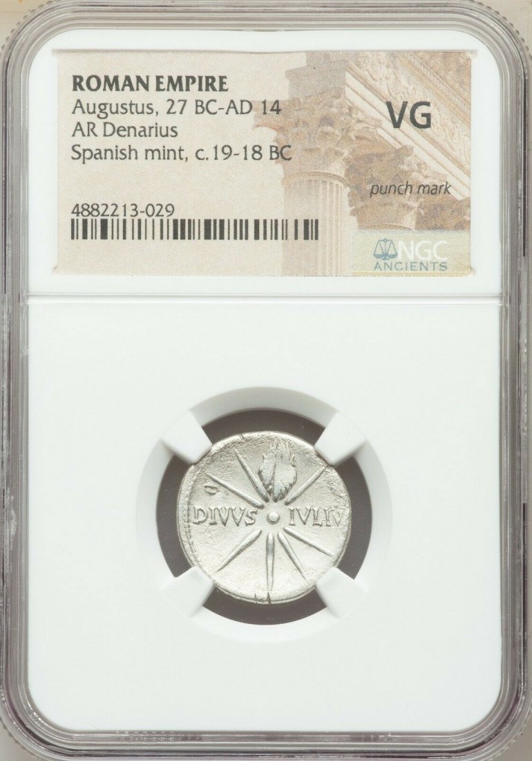 Ancient Roman Augustus (27 BC-AD 14). AR denarius: Ancient Roman Augustus (27 BC-AD 14). AR (silver) denarius (19mm, 5h). NGC VG, punch mark. Spain, Colonia Caesaraugusta (?), ca. 19-18 BC. CAESAR-AVGVSTVS, head of Augustus left, wearing oak-leaf laur