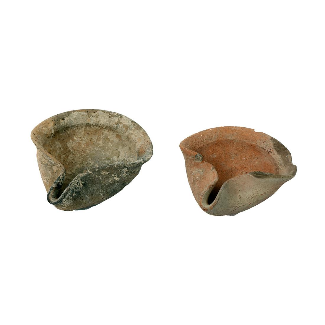 Lot of 2 Ancient Holy Land Iron Age Terracotta Oil: Lot of 2 Ancient Holy Land Iron Age Terracotta Oil Lamps c.1000 BC. Lot of 2 Ancient Holy Land Iron Age Terracotta Oil Lamps c.1000 BC. Size 5 1/4 - 5 3/4 inches length. Great lot of 2 Ancient Holy La