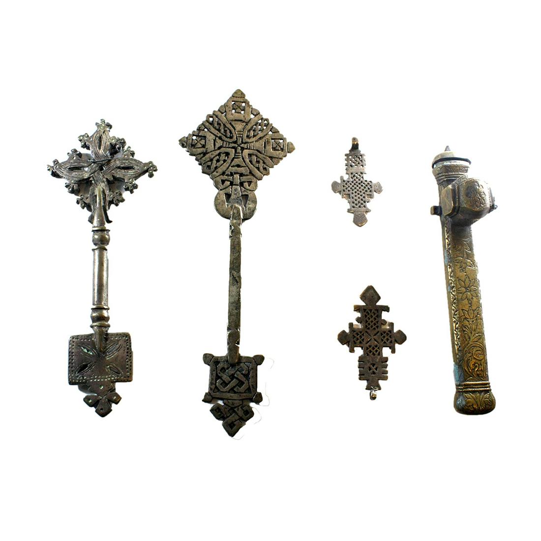 Lot of 4 Ethiopian Silvered Coptic Crosses and Syrian (1 of 2)