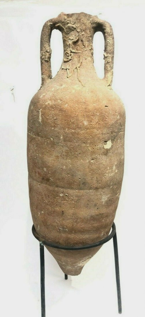 Large Ancient Roman Terracotta Wine Amphora: Large Ancient Roman Terracotta Wine Amphora c.1st-2nd century AD. Size 34 inches + mount. high (6 cm high). Large Ancient Roman Mediterranean Transportation Wine Amphora with twin handles. Sea Salvage