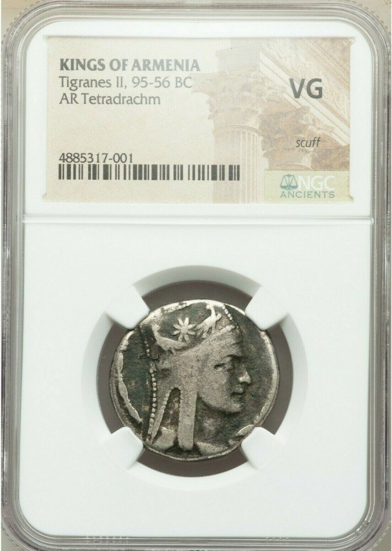 Ancient ARMENIAN KINGDOM. Tigranes II the Great (95-56: Ancient ARMENIAN KINGDOM. Tigranes II the Great (95-56 BC). Silver tetradrachm (25mm, 1h). NGC VG, scuff. Antioch, ca. 83-70. Diademed and draped bust right, wearing tiara with starburst between eagle