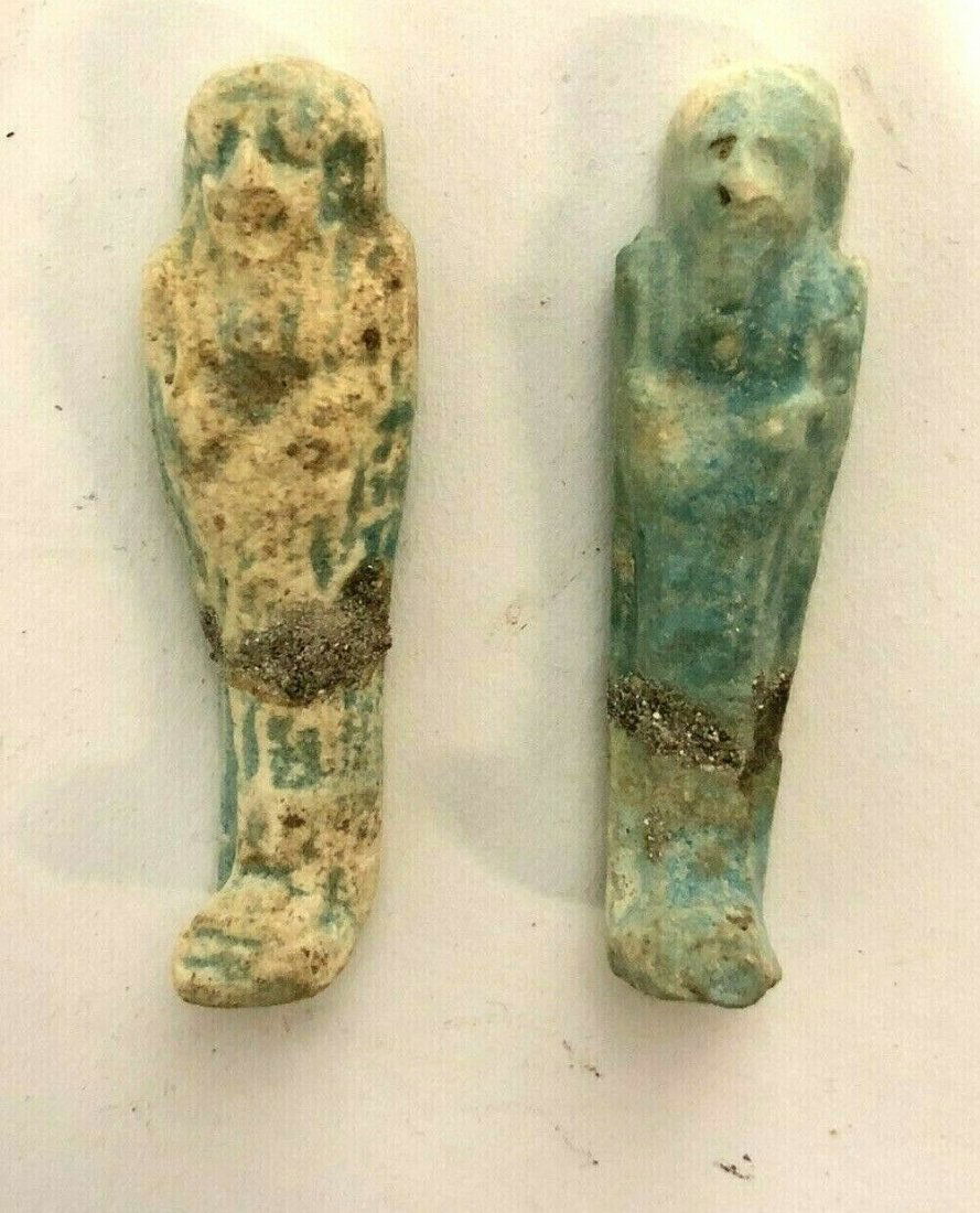 Lot of 2 Ancient Egyptian Blue Faience Ushabti Figures (1 of 2)
