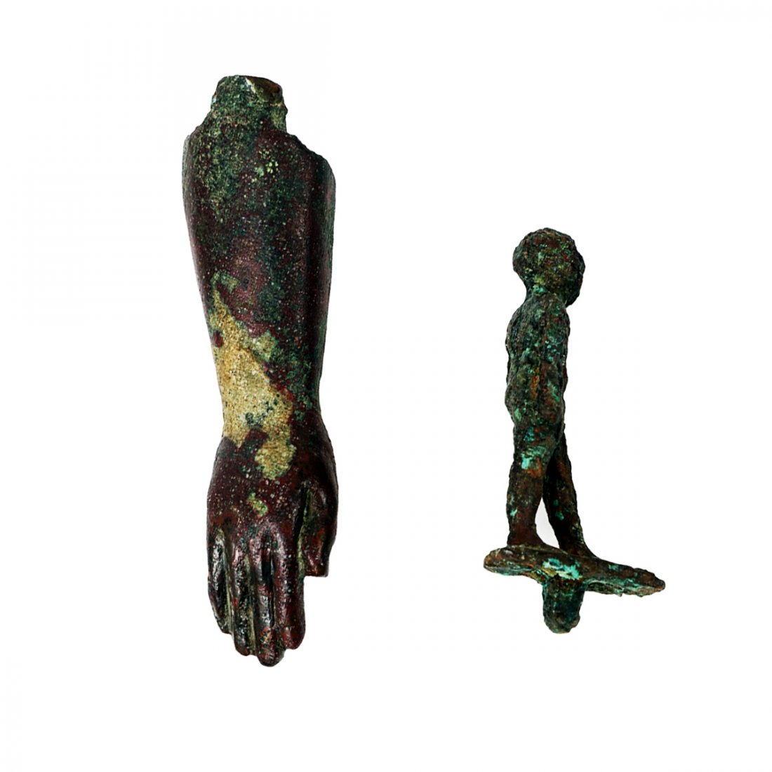 Lot of 2 Ancient Egyptian Bronze Figure, Hand c.700 BC: Lot of 2 Ancient Egyptian Bronze Figure, Hand c.700 BC. Size 3 3/8 - 2 1/4 inches length. Fine lot of Ancient Egyptian bronze figure together with a bronze hand from a large figure. Provenance: Ex Sec