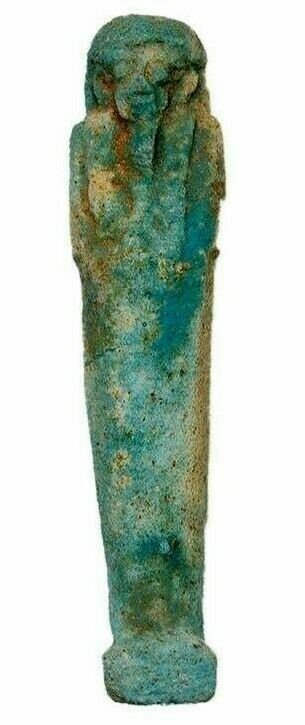 Ancient Egyptian Blue Faience Ushabti Figure c.664-332: Ancient Egyptian Blue Faience Ushabti Figure c.664-332 BC. Size 3 7/8 inches high. A blue glazed faience ushabti figure, wearing the royal wig and beard, holding implements. Provenance: Private NYC co