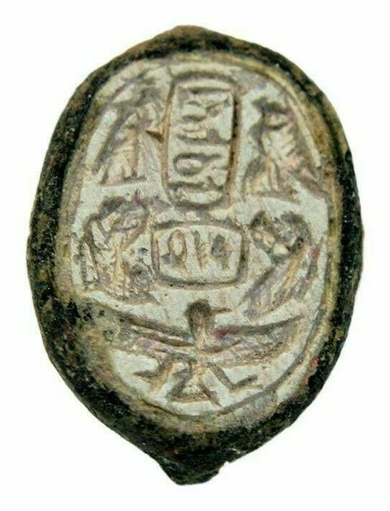 Ancient Egyptian Steatite Scaraboid in Bronze mount New: Ancient Egyptian Steatite Scaraboid in Bronze mount New Kingdom c. 1567-1085 BC. Size 21 x 15 mm. Unusual Fine Steatite stone scarab in its original bronze mount with Cartouch. Provenance: Ex Harlen B