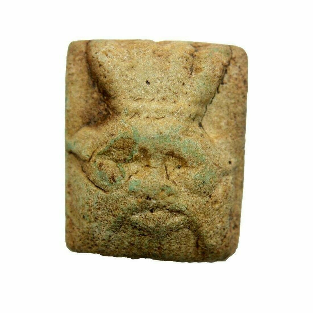 Ancient Egyptian Green Faience Bes Amulet c.664-525 BC.: Ancient Egyptian Green Faience Bes Amulet c.664-525 BC. Size 27 x 22 mm. Fine Green faience Bes Amulet plaque of the Dwarf god Bes, his face rendered in traditional fashion with plumed headdress, prom