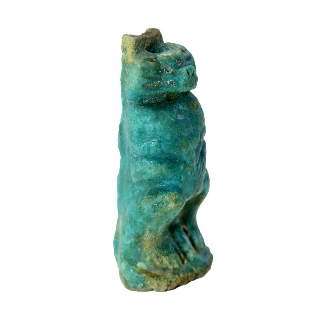 Ancient Egyptian Blue Faience Baboon with Hieroglyph: Ancient Egyptian Blue Faience Baboon with Hieroglyph Late period c.715-330 BC. Size 1 1/2 inches high. Fine blue faience Amulet of Baboon with Egyptian Hieroglyph on the back pillar with the names of 