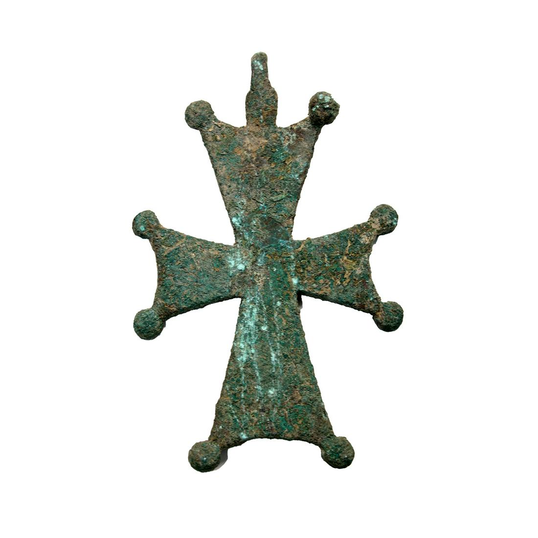 Ancient Byzantine Bronze Cross c.10th-12th century AD.: Ancient Byzantine Bronze Cross c.10th-12th century AD. Size 3 5/8 inches high. Large Cast Bronze cross with suspension loop. Ex Harlen Berk Chicago USA.