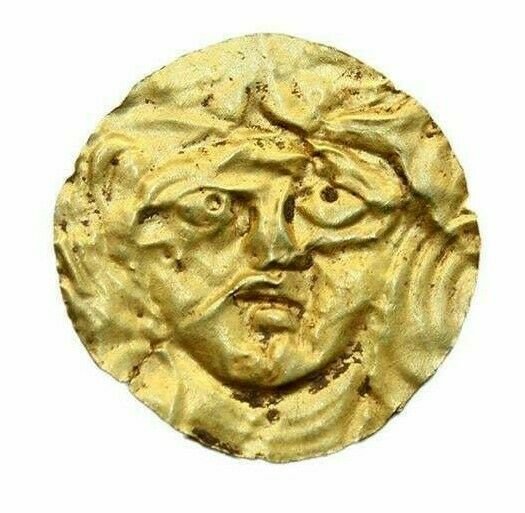 Ancient Hellenistic Gold sheet with Medusa c.1st: Ancient Hellenistic Gold sheet with Medusa c.1st century BC. Size 27 mm. Unusual sheet gold repousee disk mount facing head of Medusa. Ex The Time Machine. Ex Robert Thompson.