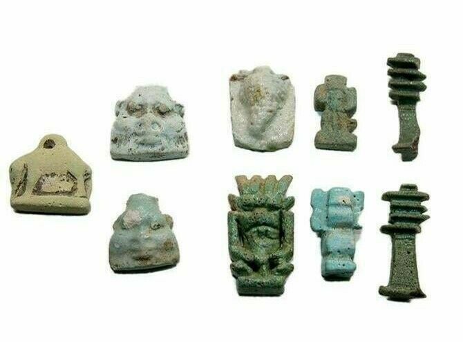 Lot of 9 Ancient Egyptian Blue-green Faience Amulets: Lot of 9 Ancient Egyptian Blue-green Faience Amulets Late Period c.664-332 BC. Size 18-25 mm. Great lot of 9 mixed Egyptian amulets consist of 2 god Shu, 3 Bes, 2 Djed Pillar amulets, 1 Ante eater, an