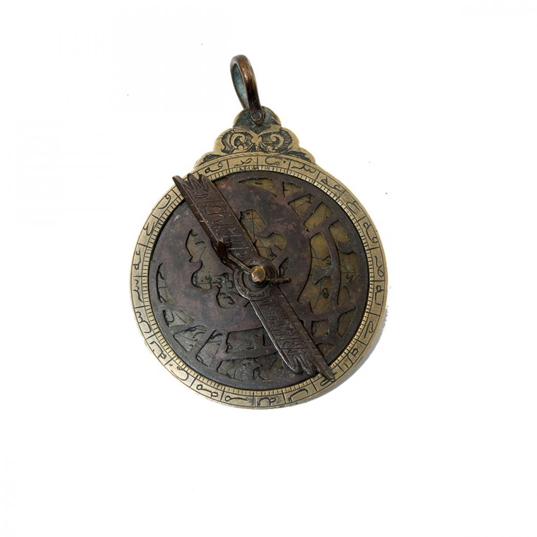 Middle Eastern Islamic Copper Astrolabe.: Middle Eastern Islamic Copper Astrolabe. Size 3 1/4 inches length x 2 1/4 inches diameter. A small copper Astrolabe with four disks, decorated with horoscope signs and Arabic calligraphy.