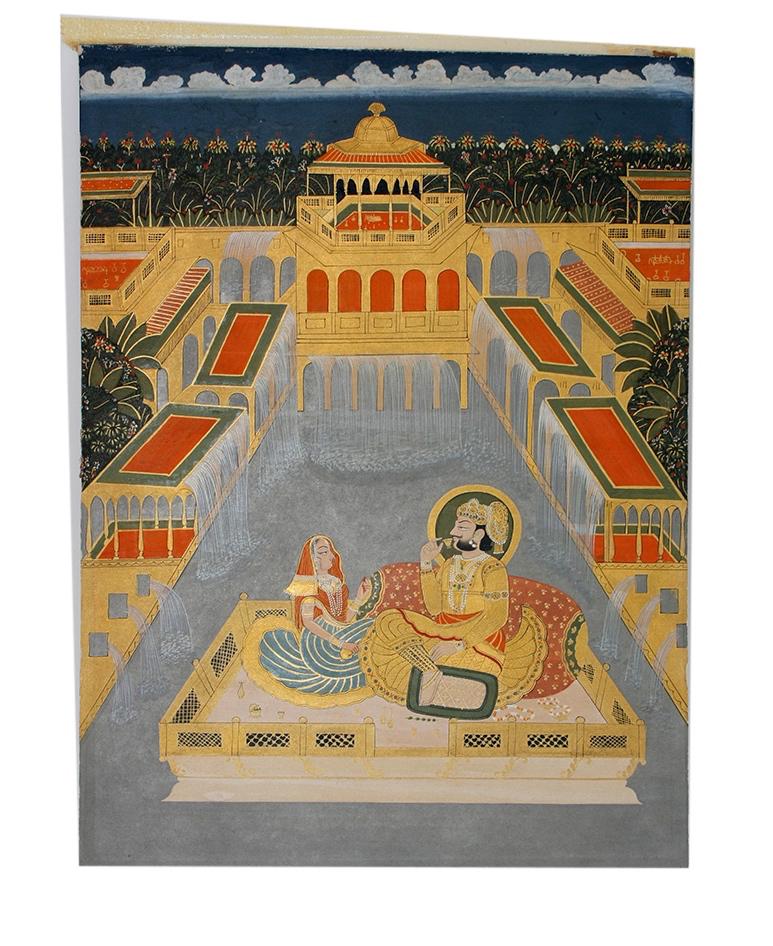 19th century Indian painting on gouache with gold of a: 19th century Indian painting on gouache with gold of a princely couple in a palace, Size 13 x 9 3/4 inches + frame. inscribed with two lines of devanagari on the reverse, probably Udaipur School, Indi