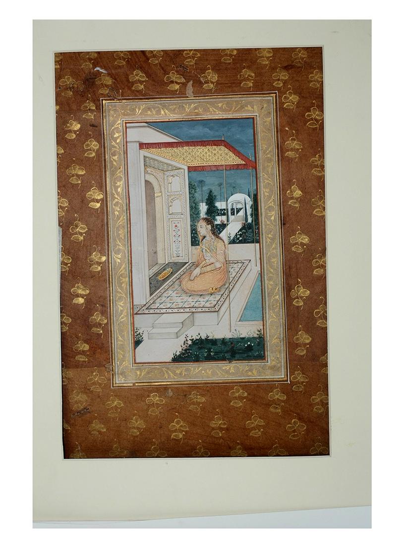 Mughal India painting on gouache of Lady Sitting Mugal: Mughal India painting on gouache of Lady Sitting Mugal garden Courtyard, Size 13 3/4 x 9 1/4 inches + Frame. with gold floral border . Provincial Mughal. Provenance: French Art Market.