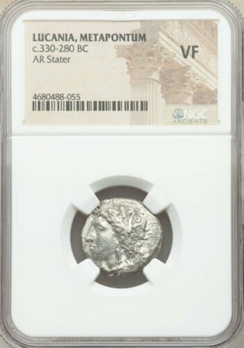 Ancient Greek LUCANIA. Metapontum. Ca. 330-280 BC. coin: Ancient Greek LUCANIA. Metapontum. Ca. 330-280 BC. Silver stater or nomos (20mm, 5h). NGC VF. Head of Demeter left, hair loose and wreathed in grain ears, wearing triple pendant earring / META, barley