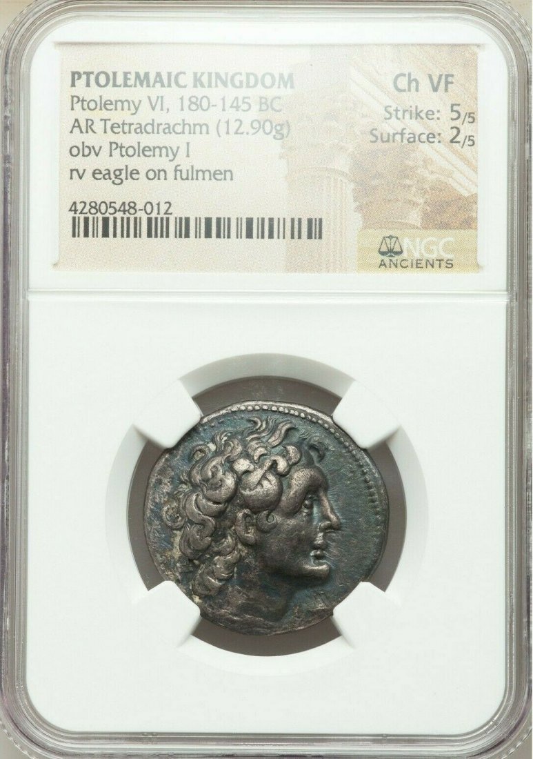 Ancient PTOLEMAIC EGYPT. Ptolemy VI Philometor coin: Ancient PTOLEMAIC EGYPT. Ptolemy VI Philometor (180-145 BC). Silver tetradrachm (26mm, 12.90 gm, 12h). NGC Choice VF 5/5 - 2/5. Alexandria, ca. 169-145 BC. Diademed head of Ptolemy I right, aegis tied