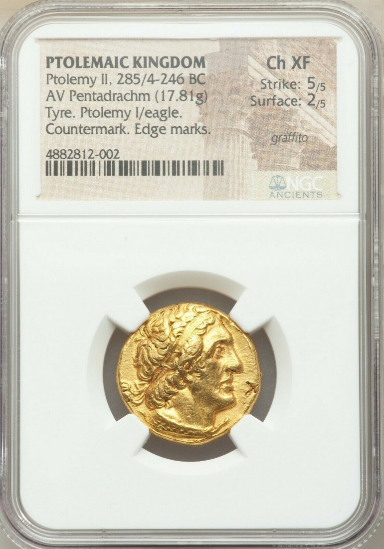 Ancient PTOLEMAIC EGYPT. Ptolemy II Philadelphus Coin: Ancient PTOLEMAIC EGYPT. Ptolemy II Philadelphus (285/4-246 BC). Gold trichryson or pentadrachm (22mm, 17.81 gm, 12h). NGC Choice XF 5/5 - 2/5, graffito, countermark, edge marks. Phoenicia, Tyre, ca. 