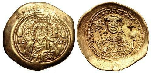Ancient Byzantine Michael VII Ducas. 1071 AD. Gold coin: Ancient Byzantine Michael VII Ducas. 1071-1078. (gold) EL Histamenon Nomisma (25mm, 3.01 g, 6h). Class II. Constantinople mint. Bust of Christ Pantokrator facing / Crowned bust of Michael VII facing, 