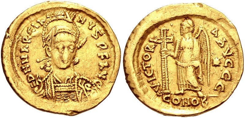 Ancient Roman Marcian. AD 450-457. AV Solidus Gold coin: Ancient Roman Marcian. AD 450-457. Gold Solidus (20mm, 4.09 g, 6h). Constantinople mint. Pearl-diademed, helmeted, and cuirassed bust facing slightly right, holding spear over shoulder and shield / Vi