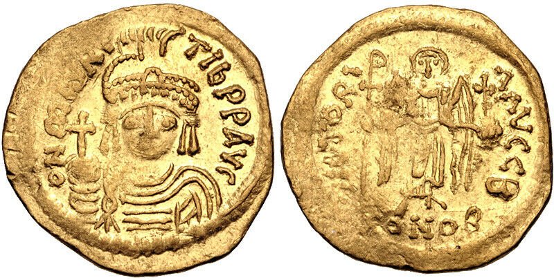 Ancient Byzantine Maurice Tiberius. 582-602. Gold coin: Ancient Byzantine Maurice Tiberius. 582-602. Gold Solidus (19mm, 3.92 g, 7h). Constantinople mint, 2nd officina. Struck 583-601. Helmeted, draped, and cuirassed bust facing, holding globus cruciger / 
