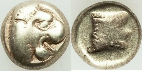 Ancient Greek LESBOS. Mytilene. C. 478-455 BC Gold coin: Ancient Greek LESBOS. Mytilene. Ca. 478-455 BC. EL gold sixth stater or hecte (10mm, 2.45 gm, 12h). VG. Head of roaring lion right / Incuse head of calf right, with collar of multiple compartments. HG